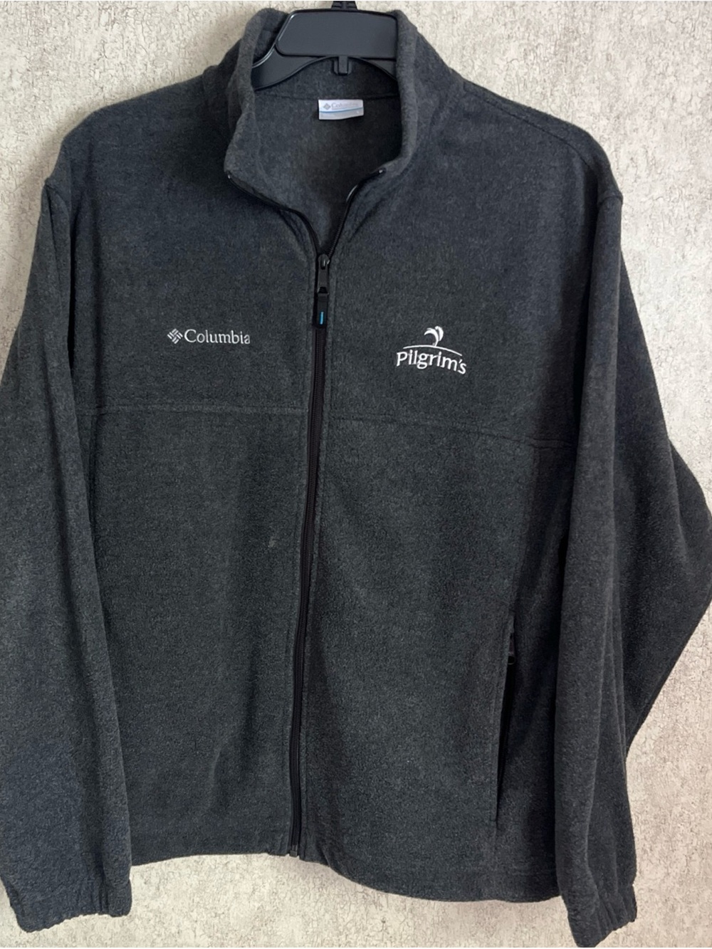Columbia Fleece Jacket Charcoal Gray Full Zip Outdoor Coat Pilgrims Logo Men’s L